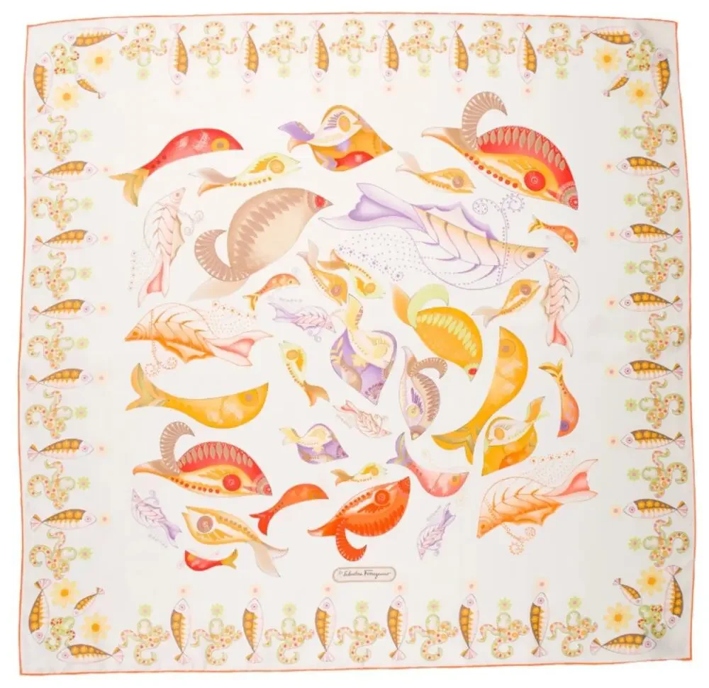 Salvatore Ferragamo Silk Multicolor Fish Print Scarf